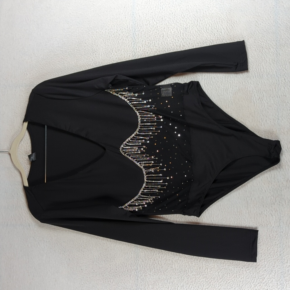 SHEIN Curve Women's Black Mesh Embellished‎ Long Sleeve V Neck Bodysuit Size 1XL